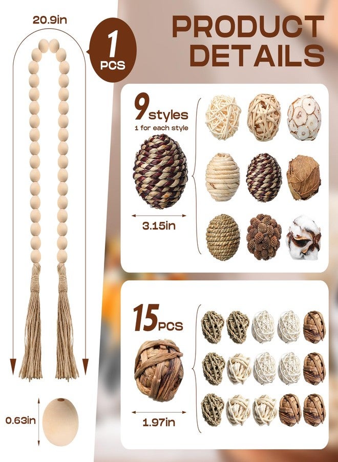 مجموعة هالوسكوم من 25 قطعة من الكرات الزخرفية بقياس 3.15 و 1.97 بوصة، وخرز خشبي بطول 20.9 بوصة، وكرات من الخيزران مع كرات حشو لتزيين طاولة الحديقة والمزهريات والأوعية (خيزران عادي). - Image 2